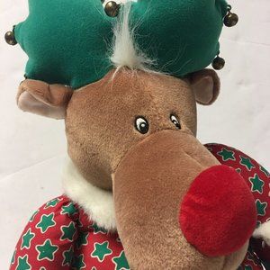HOME FOR THE HOLIDAYS BROWN REINDEER RED NOSED JINGLE BELLS STARS PLUSH 25” NEW